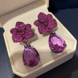 Flowers Water Drop Tassel Earrings Clear Crystal Purple Cubic Zircon