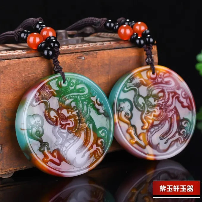 Chinese Carved Jade Dragon Pendant Necklace Natural Charm Jadeite Amulet