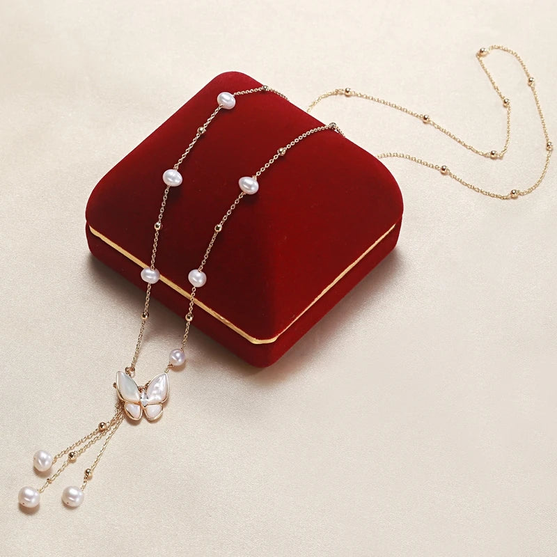 14K Gold Filled Natural Pearl Butterfly Necklace DIY Jewelry