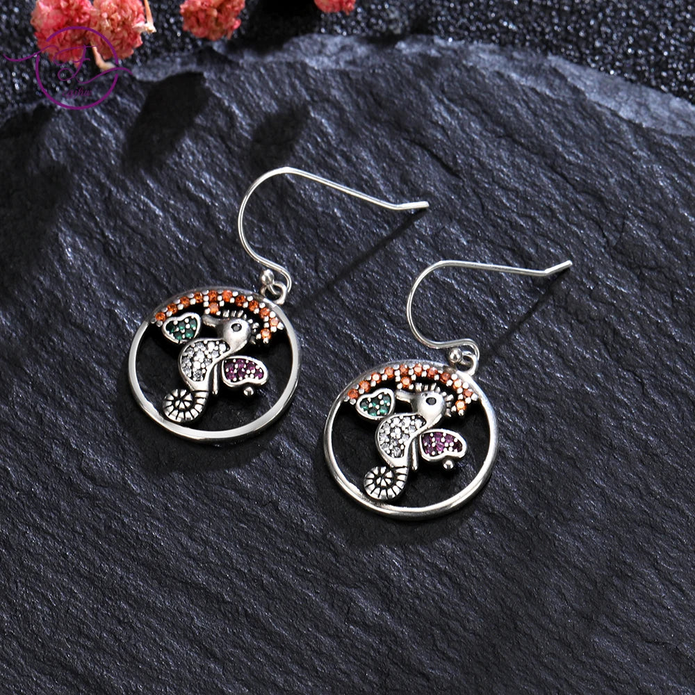 Zircon Seahorse Drop Earrings 925 Silver Fine Jewelry Women Gift