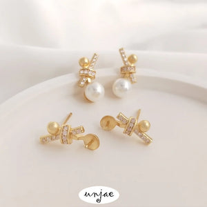14K Inlaid Zircon Bow Bead Earrings 925 Silver DIY Pearl Earrings