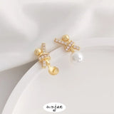 14K Inlaid Zircon Bow Bead Earrings 925 Silver DIY Pearl Earrings
