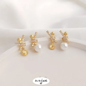 14K Inlaid Zircon Bow Bead Earrings 925 Silver DIY Pearl Earrings