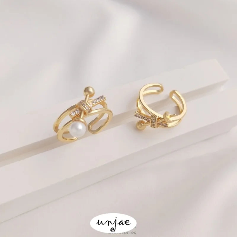 14K Gold-Plated Zircon Half-Hole Pearl Holder Knotted Ring DIY Open Ring