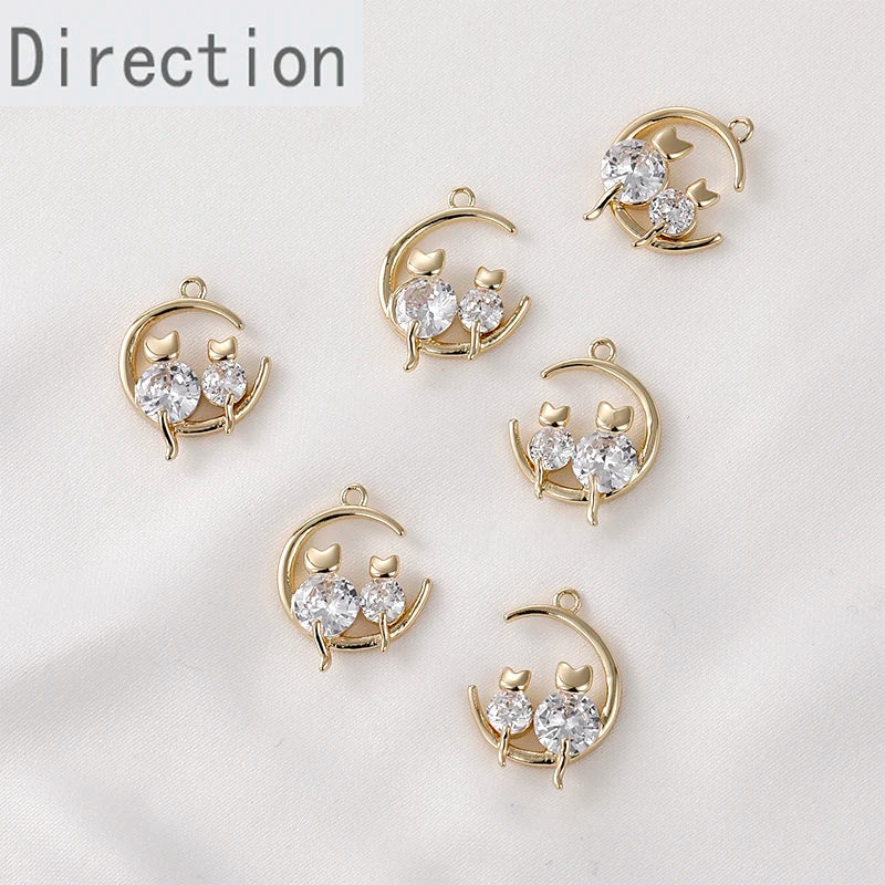 14k Gold-Plated Moon Cat Zircon Pendant DIY Accessory