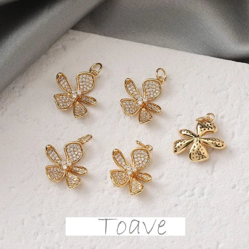 Copper Gold-Plated Rhinestone Zircon Flower Pendant DIY Earrings