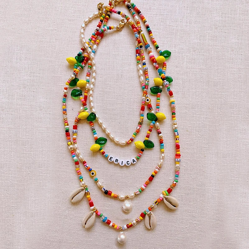 Bohemian Colored Beads Necklace with Shell Pendant