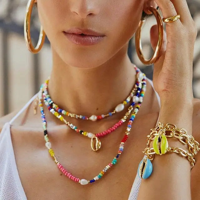 Bohemian Colored Beads Necklace with Shell Pendant
