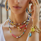 Bohemian Colored Beads Necklace with Shell Pendant