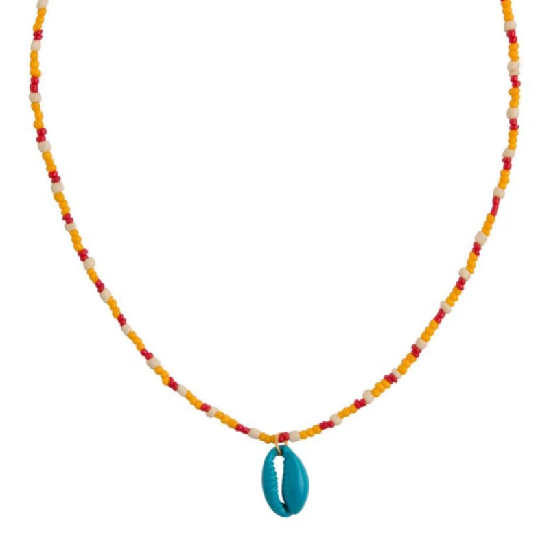 Bohemian Colored Beads Necklace with Shell Pendant