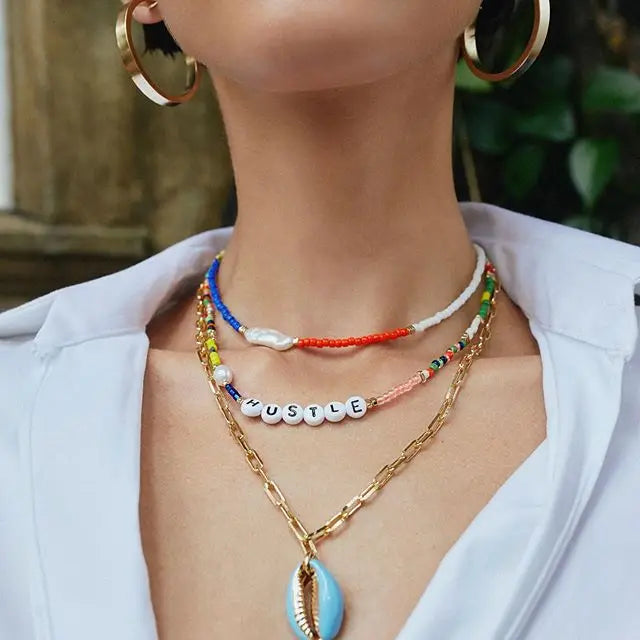 Bohemian Colored Beads Necklace with Shell Pendant
