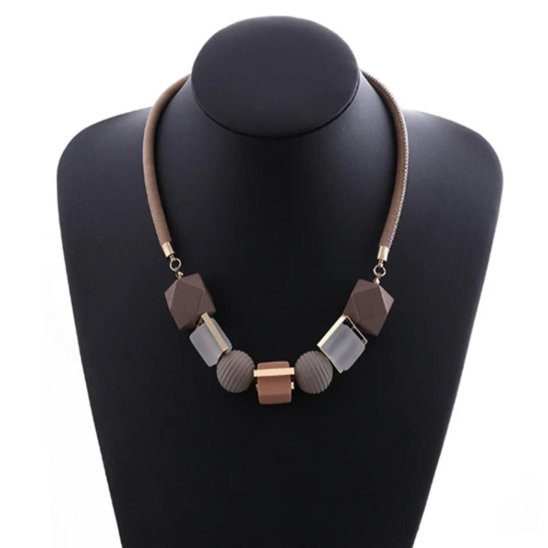 Wood Beaded Pendant Necklace Sweater Chain