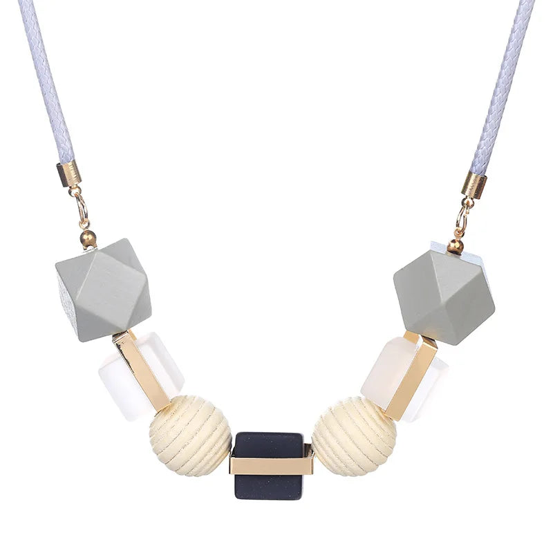 Wood Beaded Pendant Necklace Sweater Chain