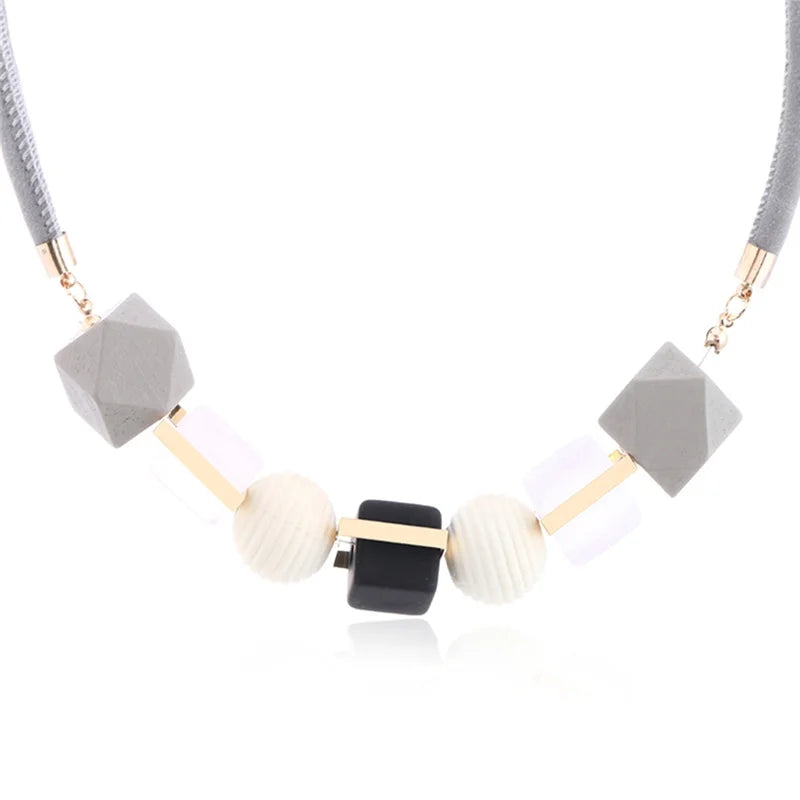 Wood Beaded Pendant Necklace Sweater Chain
