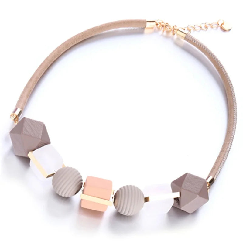 Wood Beaded Pendant Necklace Sweater Chain