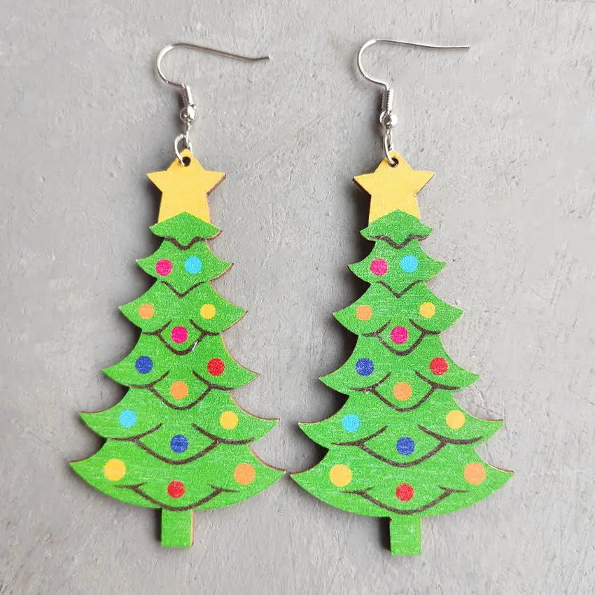 Wood Santa Claus Xmas Earrings Snowman Gnome Drop Jewelry