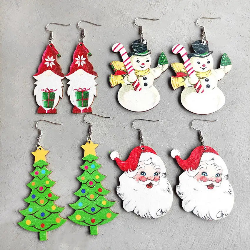 Wood Santa Claus Xmas Earrings Snowman Gnome Drop Jewelry