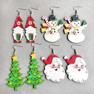 Wood Santa Claus Xmas Earrings Snowman Gnome Drop Jewelry