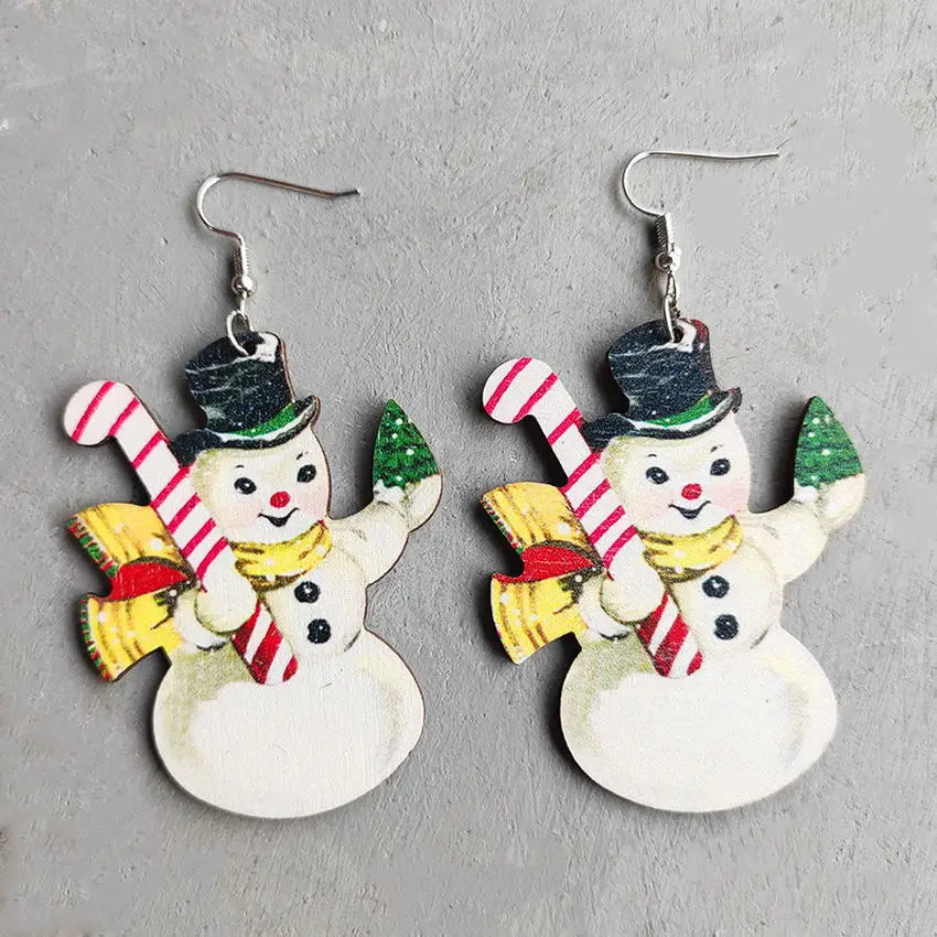 Wood Santa Claus Xmas Earrings Snowman Gnome Drop Jewelry