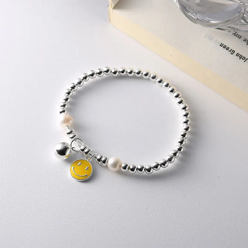 Colorful 925 Silver Smiley Face Bracelet DIY Bead Elastic Rope Ear