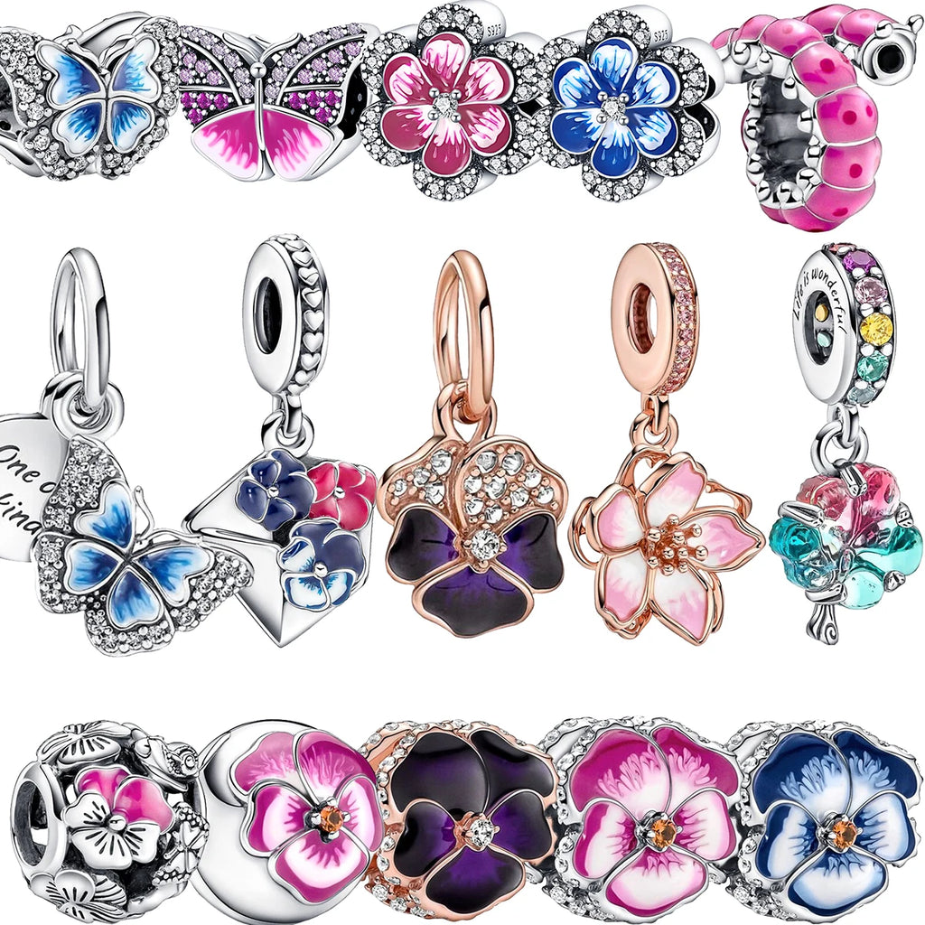 925 Silver Gem Pansy Flower Pendant Charm for Bracelet DIY Gift