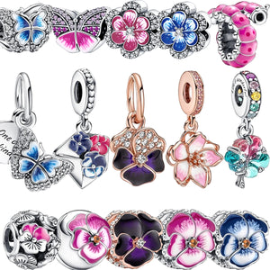 925 Silver Gem Pansy Flower Pendant Charm for Bracelet DIY Gift