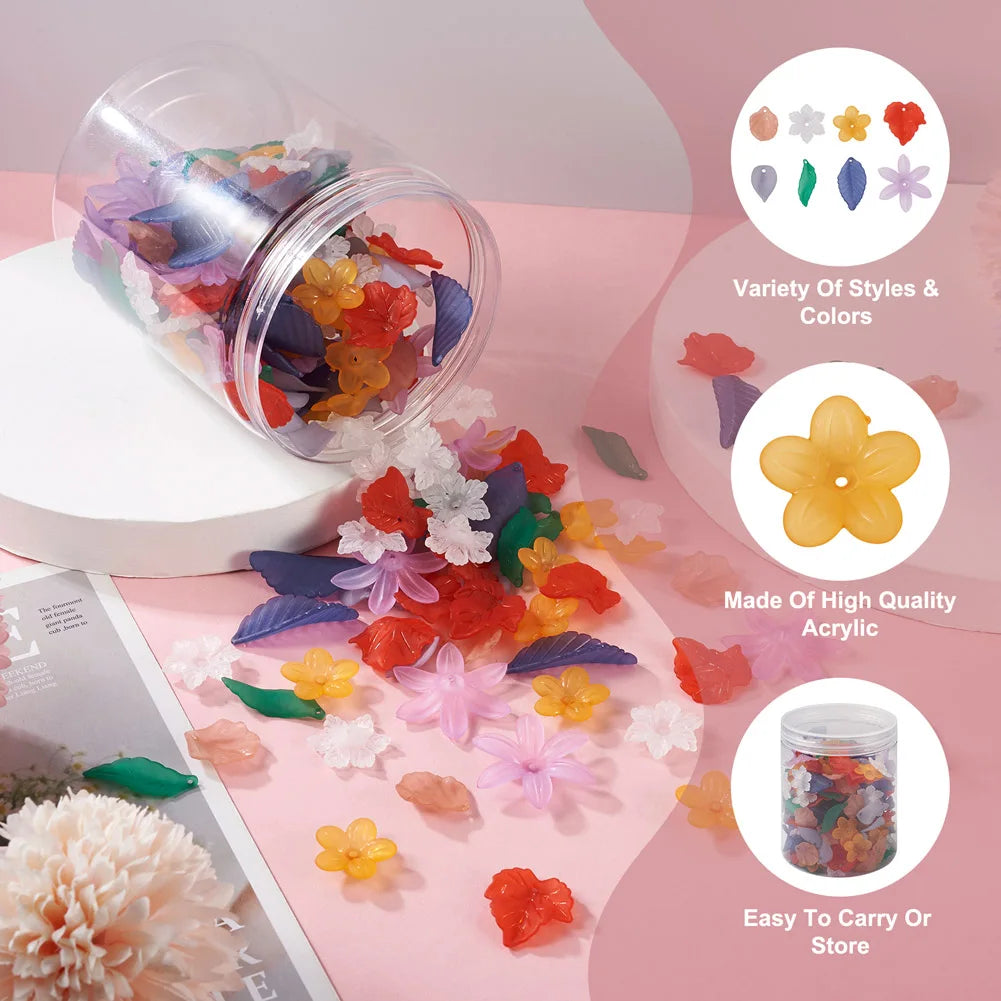 Colorful Acrylic Beads Flower Leaf Frosted Transparent Mixed for Jewelry Making