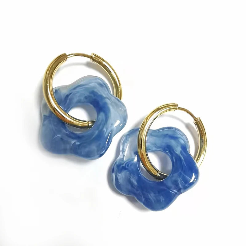 Acrylic Flower Resin Drop Earrings Stainless Steel Hollow Circle