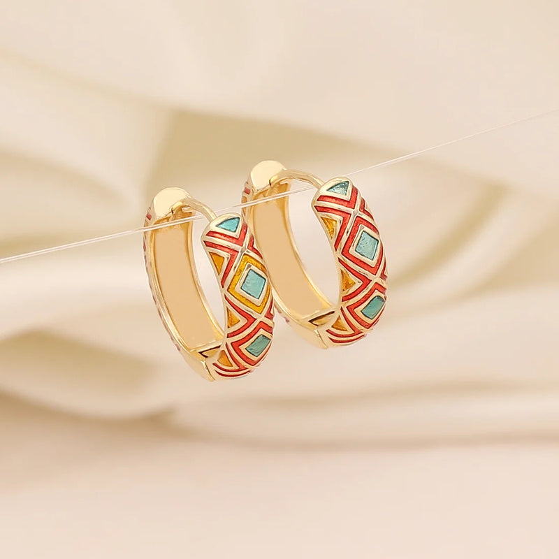Colorful Argyle Hoop Earrings For Women Retro Jewelry