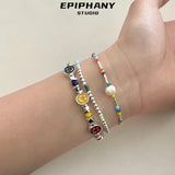 Colorful Beaded Smile Face Bracelet For Women Beads Pearl Stackable Link Charm