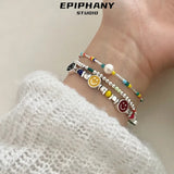 Colorful Beaded Smile Face Bracelet For Women Beads Pearl Stackable Link Charm