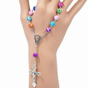Colorful Beads Hand Chain Rosary Bracelet Crucifix Cross Religious Jewelry