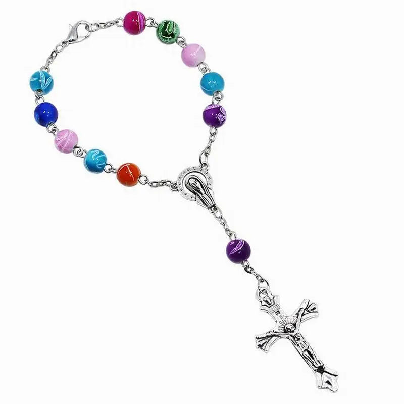 Colorful Beads Hand Chain Rosary Bracelet Crucifix Cross Religious Jewelry