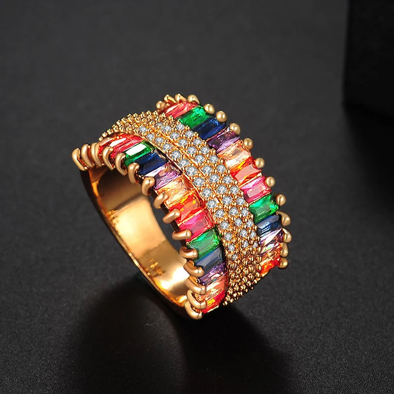Bohemia Rainbow Stone Rings Ice Out CZ Boho Jewelry Crystal Gift KBR428