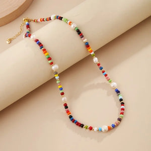 Boho Half Pearl Necklace for Women Beaded Collar Chain Jewelry