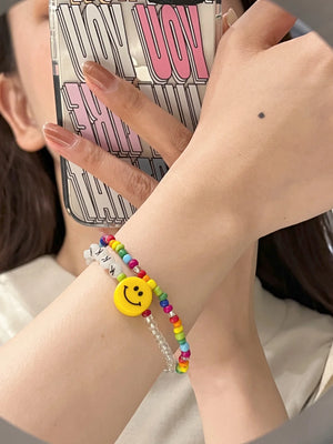 Colorful Bracelets Crystal Bead Pearl Acrylic Smiley Face Vintage Kpop Bracelet