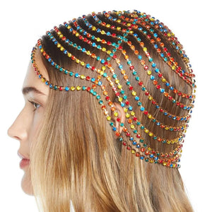 Colorful Bridal Headpiece Rhinestone Headband Crystal Chain Flapper Cap