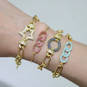 Colorful CZ Crystal Star Bracelet Screw Cuban Link Charm Bracelet