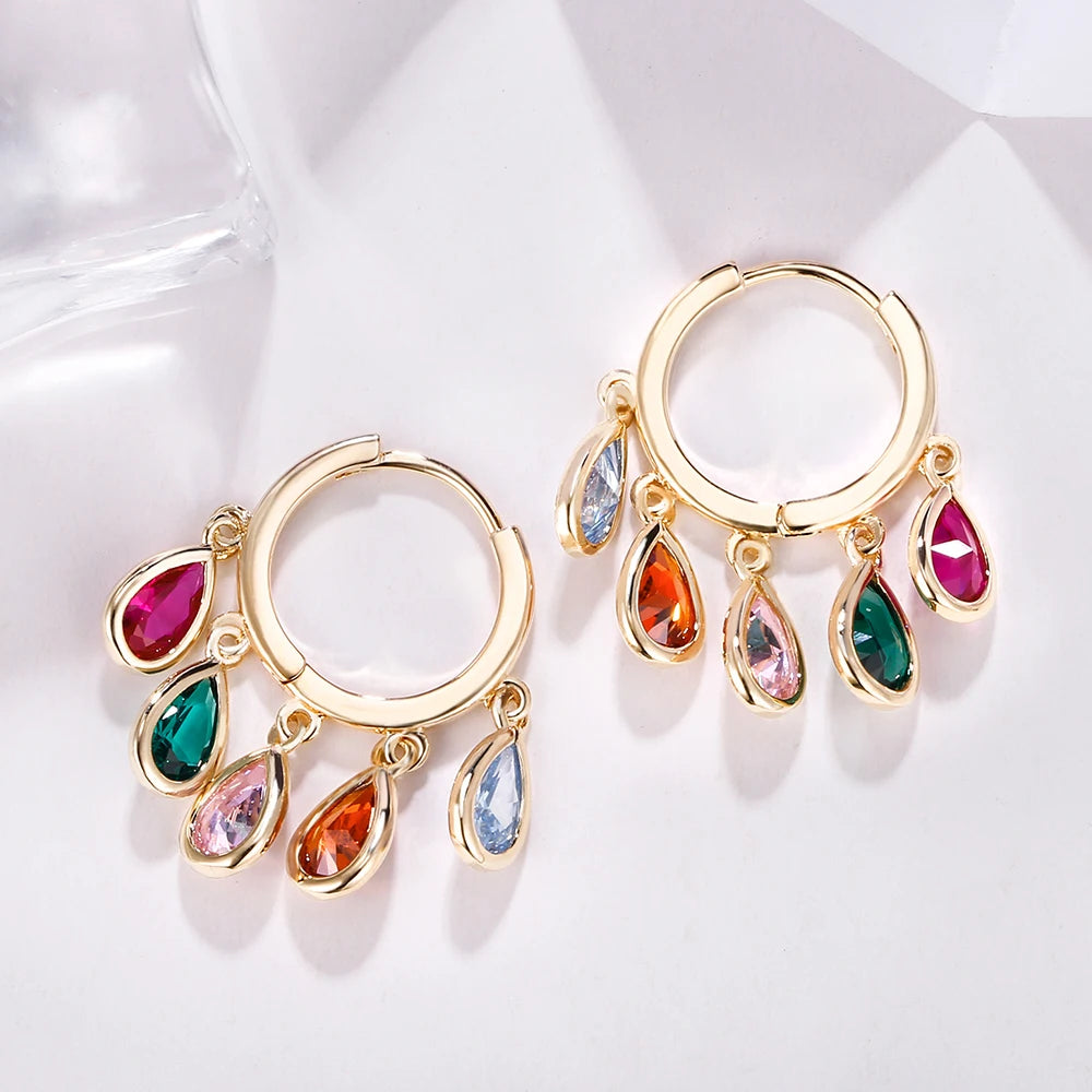Colorful CZ Drop Earrings Zircon Pendant Bling Hoop Earrings