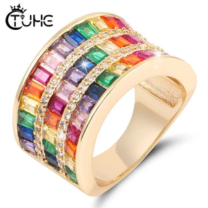 Colorful CZ Rainbow Band Rings Delicate CZ Crystal 14MM Width Rings