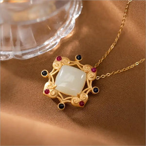 Colorful Charm Hetian Jade Diamond Pendant Silver Plated Geometric Jade Pendant