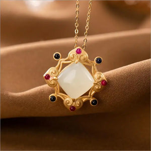 Colorful Charm Hetian Jade Diamond Pendant Silver Plated Geometric Jade Pendant