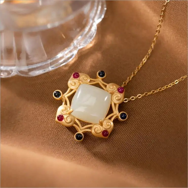 Colorful Charm Hetian Jade Diamond Pendant Silver Plated Geometric Jade Pendant