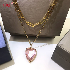 Heart Glass Pendant Layered Necklace Set, Stainless Steel Chain Earring