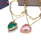 Heart Glass Pendant Layered Necklace Set, Stainless Steel Chain Earring