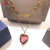 Heart Glass Pendant Layered Necklace Set, Stainless Steel Chain Earring