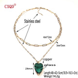 Heart Glass Pendant Layered Necklace Set, Stainless Steel Chain Earring
