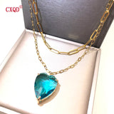 Heart Glass Pendant Layered Necklace Set, Stainless Steel Chain Earring