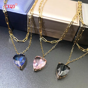Heart Glass Pendant Layered Necklace Set, Stainless Steel Chain Earring