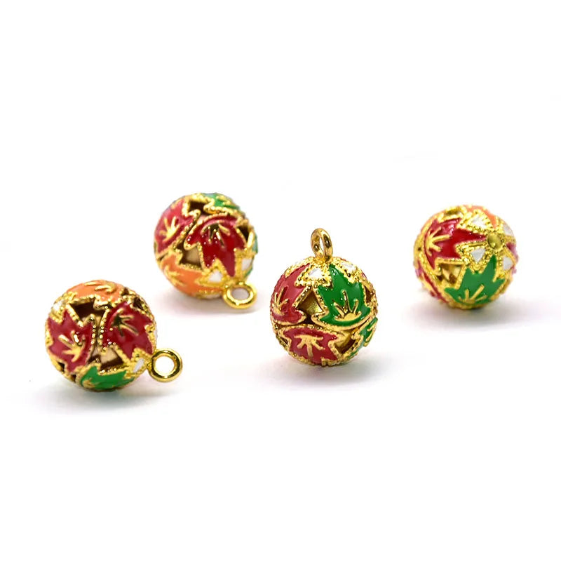 Colorful Cloisonne Flower Leaf Jingle Bells Necklace Pendant